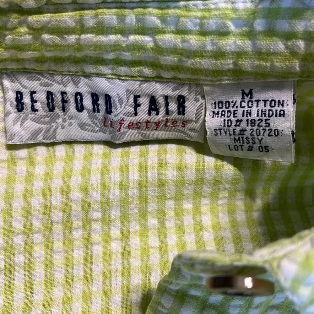 Vintage Bedford Fair Lifestyles Lime Green 90s Seersucker Checked Blouse Women M - Picture 8 of 9